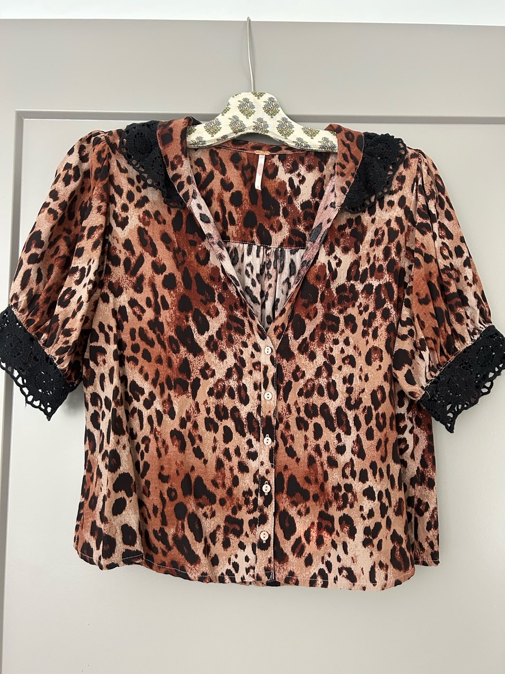 Free People Leopard Print Button-Front Top with Black Lace Trim - Size S